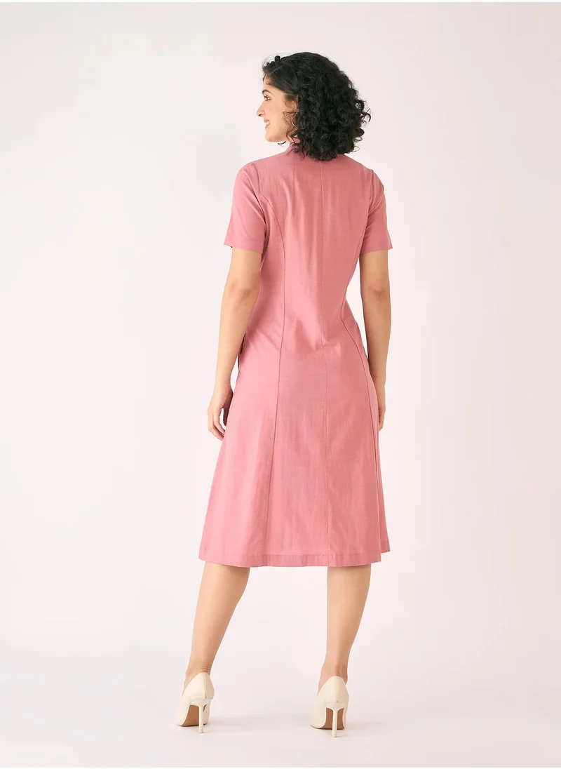 Salt Attire Women's  Elegant Midi Dress with Half Sleeves, Shawl Collar, and Flattering Fit-and-Flare Design A Perfect Choice for Effortless Style