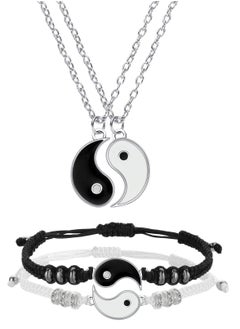 Yin Yang Friend or Couple Bracelet with Necklace Set, 2 Pieces Matching Adjustable Cord Bracelet, Pendant Chain for Friendship Boyfriend Girlfriend