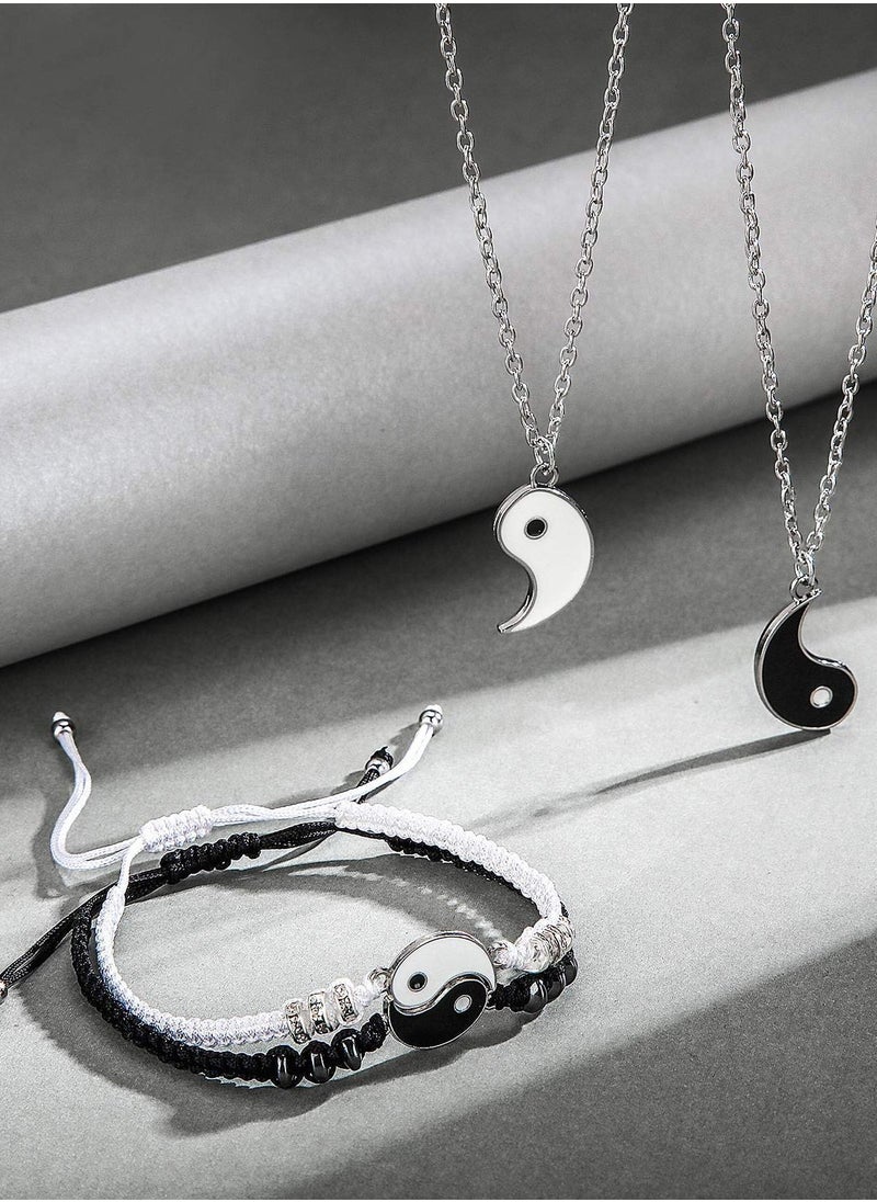 Y&D - Yin Yang Friend or Couple Bracelet with Necklace Set, 2 Pieces Matching Adjustable Cord Bracelet, Pendant Chain for Friendship Boyfriend Girlfriend - Image 1