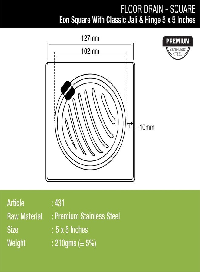 LIPKA Pack of 2 Eon Square with Classic Jali Floor Drain |Premium Stainless Steel |5 x 5 Inches| with Hinge| - Image 2