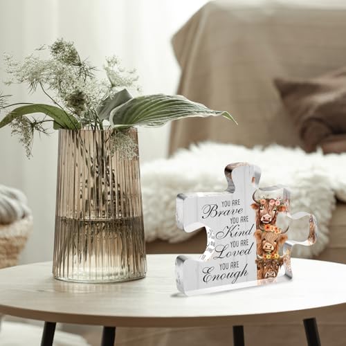 YAANUNULU Inspirational Highland Cow Acrylic Sign Decor Gifts for Women, You Are Brave Kind Loved Enough Positive Gifts for Friends Coworker, Motivational Decorations Gifts for Home Farm Bathroom Bedroom - Image 5