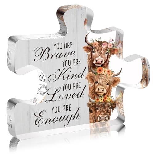 YAANUNULU Inspirational Highland Cow Acrylic Sign Decor Gifts for Women, You Are Brave Kind Loved Enough Positive Gifts for Friends Coworker, Motivational Decorations Gifts for Home Farm Bathroom Bedroom - Image 1