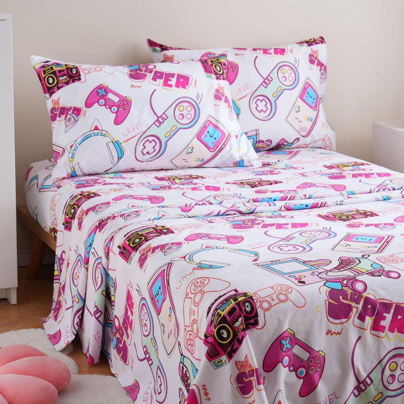 جي اس دي ورقة ألعاب Pink JSD مجموعة كاملة الحجم 4 قطعة ناعمة الأطفال الفتيات الطباعة صفائح سرير ميكروفيات - Image 1