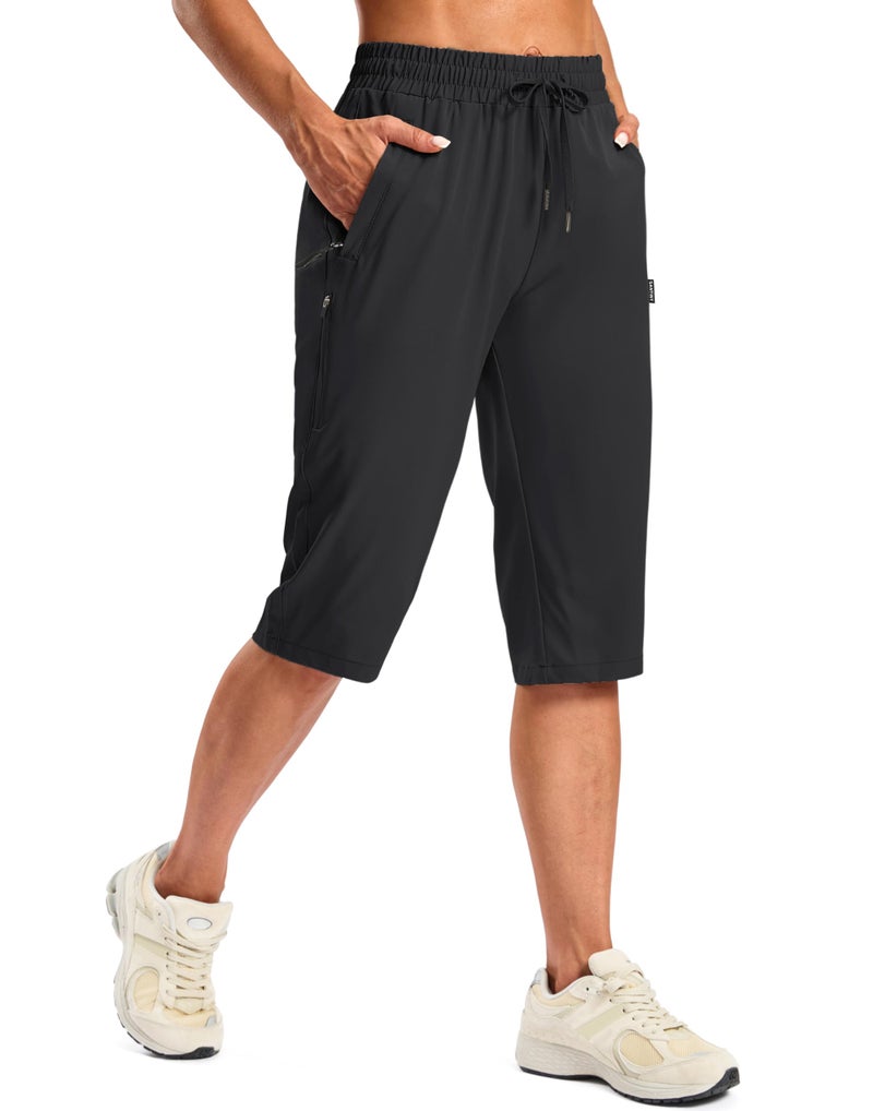 SANTINY Women's 15" Long Shorts Below The Knee Capri Hiking Cargo Shorts Lightweight Quick Dry Elastic Waist for Casual (Black_XL) - Image 1