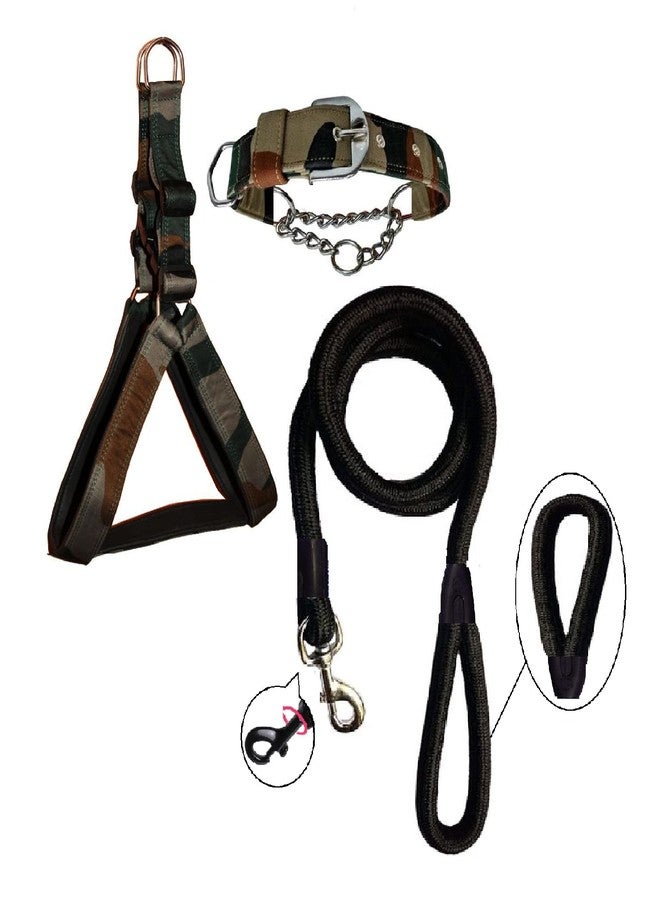 Hachiko:-(Combo of 3) Amazing Quality Nylon Padded Adjustable Dog Harness+Choke Collar+Rope(Small,Army-Black) - Image 1