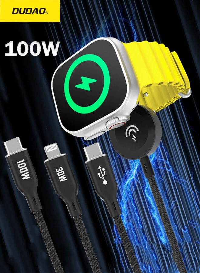 DUDAO 100W 3-in-1 Fast Charging Cable, Type-C to Type-C+Lightning+iWatch Wireless Charging Cable, Type-C 100W, PD 30W, Wireless 2.5W, Suitable for Various Models of Mobile Phones on the Market and iWatches. - Image 1