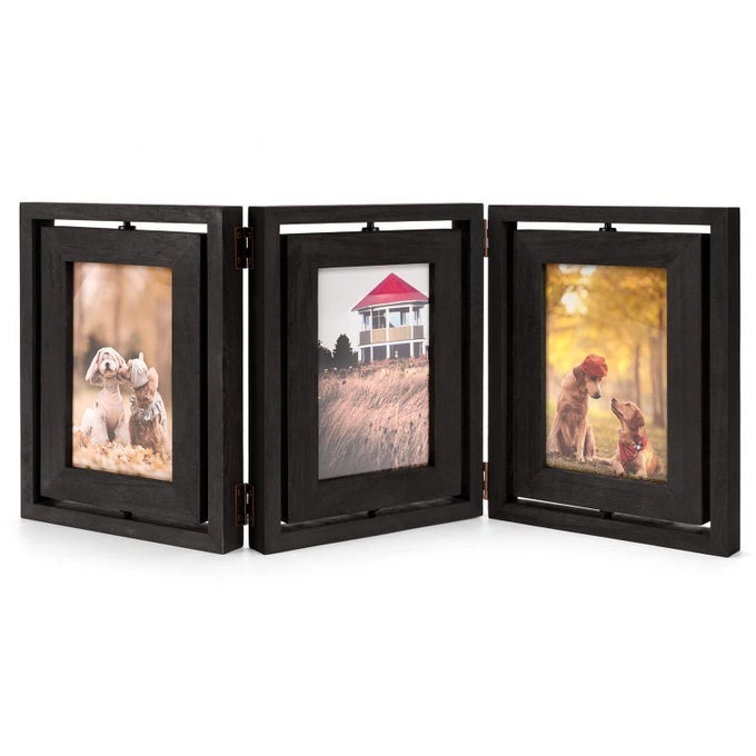 4X6 PICTURE FRAME RUSTIC WOOD HINGED FOLDING TRIPLE PICTURE FRAMES COLLAGE DOUBLESIDED DISPLAY ROTATABLE HIGH DEFINITION GLASS PHOTO FRAME FOR HOME TABLETOPVINTAGE BLACK