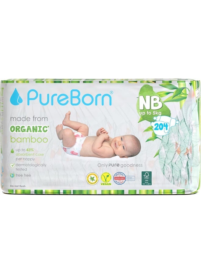 PureBorn حفاضات بيور بورن العضوية من الخيزران للأطفال بحجم حديثي الولادة | حفاضات بأسلوب الشريط مضادة للحساسية | حتى 5 كجم | عبوة من 6x34 عدد 204 | تصميمات متنوعة - Image 1