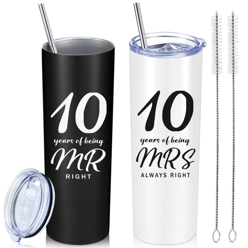 Cunhill 2 Pcs Mr Right Mrs Always Right Travel Tumbler Set 20 oz Wedding Engagement Anniversary Travel Mug for Husband Wife Newlywed Couples Bride Groom Anniversary Gifts10th Straight