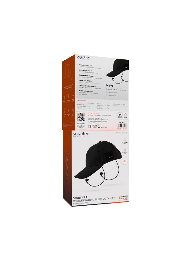 porodo Sport Cap Wireless Audio Bluetooth Hat Stereo Speaker& Mic / 10H Play Time / USB C Fast Charging Hands Free HD Calls / Hi-Fi Stereo Sound - Black - Image 3