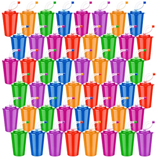 Zubebe 48 Pcs Neon Straws Cups 12 oz Colorful Neon Cups with Sipper and Lids Plastic Favor Reusable Straw for Birthday Party Events Supplies 6 Colors - Image 1