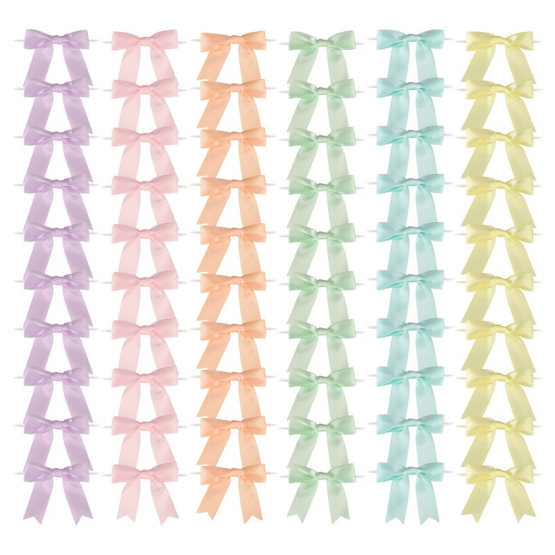 Meseey 60 Pcs Pastel Rainbow Satin Ribbon Bows with Twist Tie 2.5 Inch Pretied Premade Colored Craft Bows for Gift Wrapping Basket Wedding Baby Shower Brithday Party (2.5â€œ, Pastel) - Image 1