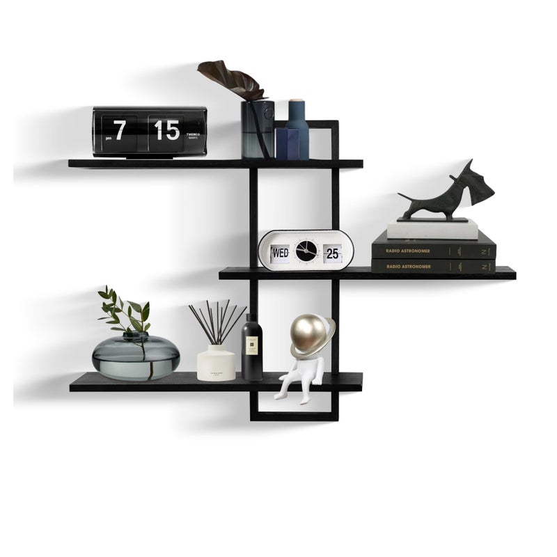PHOENANCEE 3 Tier Wall Shelves,Decorative Floating Shelf for Wall,Plants Photo Shelf Storage Display Shelving Wood for Living Room Bedroom Kitchen Home Office Decor,Modern,Large,22 Inch(Black) - Image 1
