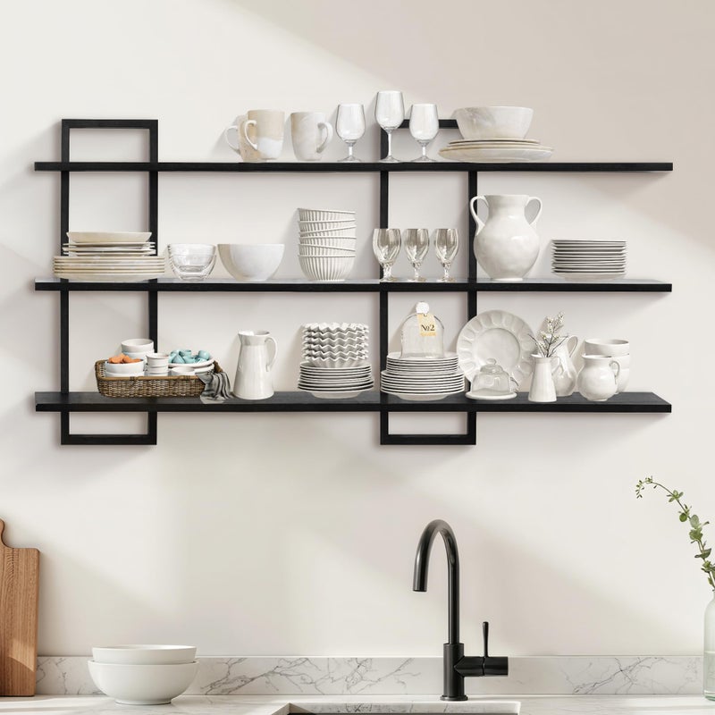 PHOENANCEE 3 Tier Wall Shelves,Decorative Floating Shelf for Wall,Plants Photo Shelf Storage Display Shelving Wood for Living Room Bedroom Kitchen Home Office Decor,Modern,Large,22 Inch(Black) - Image 5