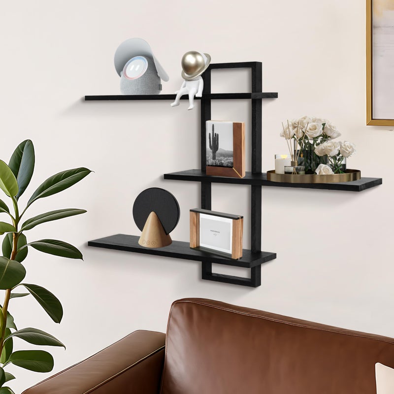 PHOENANCEE 3 Tier Wall Shelves,Decorative Floating Shelf for Wall,Plants Photo Shelf Storage Display Shelving Wood for Living Room Bedroom Kitchen Home Office Decor,Modern,Large,22 Inch(Black) - Image 3