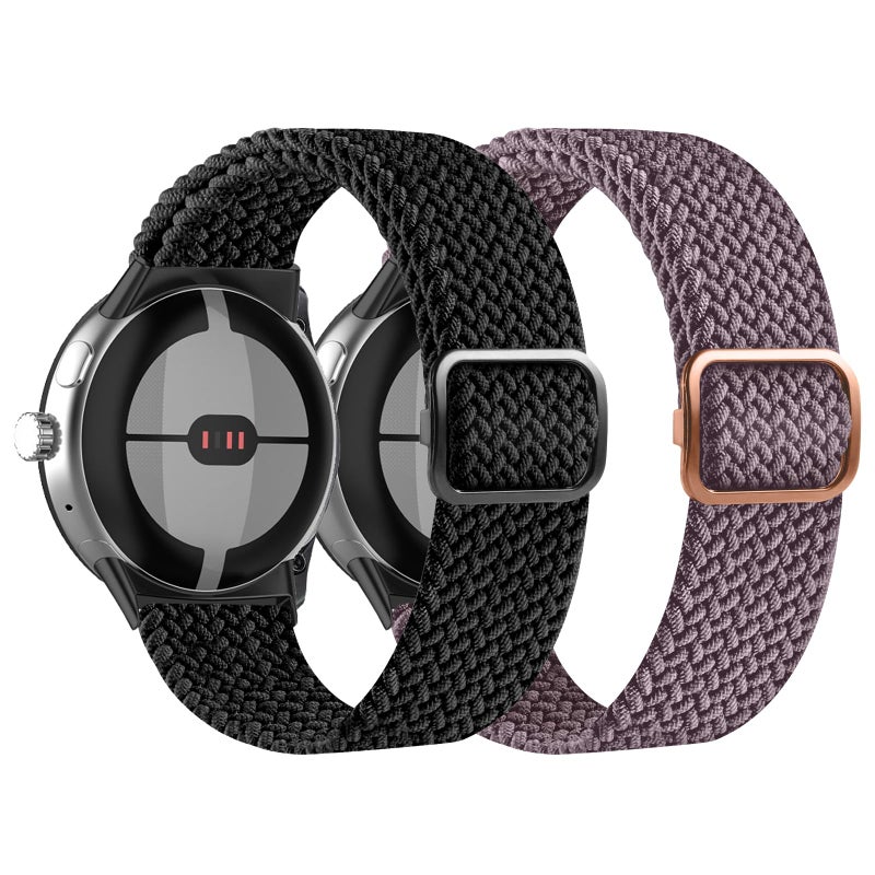 AHXLL Braided Solo Loop Band Compatible with Google Pixel Watch 2, Stretchy Adjustable Nylon Sport Wristbands Straps for Google Pixel Watch Women Men (Black+Smoky Purple - Image 1