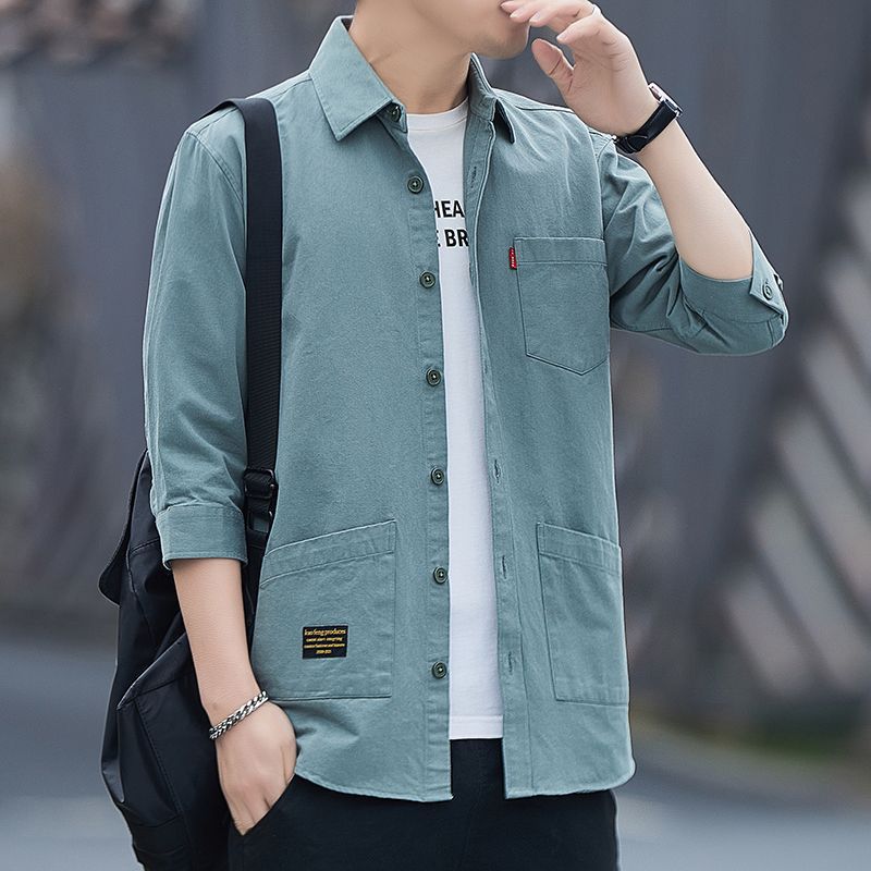 Summer short-sleeved shirt Korean-style comfortable cotton non-ironing mens loose three-quarter sleeve shirt workwear half-sleeve coat Pea Green-3/4 sleeve