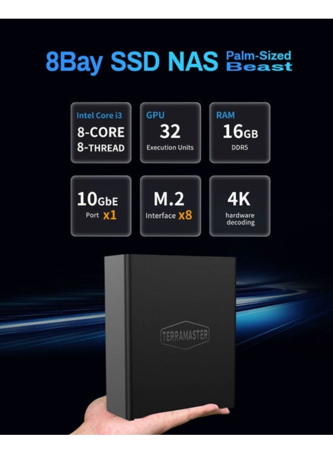 TERRAMASTER F8 SSD Plus NAS - 8Bay All SSD NAS Storage Core i3 8-Core 8-Thread CPU, 16GB DDR5 RAM, 10GbE Port, Palm-Sized Network Attached Storage Peak Performance for Business (Diskless) - Image 2