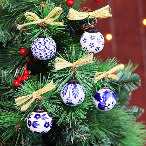 Indian-Shelf IndianShelf 12 Piece Blue and White Porcelain Christmas Balls with Ribbon - Ceramic Tree Ornaments - Large Vintage Decorations for Christmas - Image 5