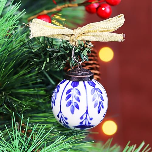 Indian-Shelf IndianShelf 12 Piece Blue and White Porcelain Christmas Balls with Ribbon - Ceramic Tree Ornaments - Large Vintage Decorations for Christmas - Image 4