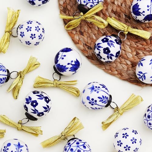 Indian-Shelf IndianShelf 12 Piece Blue and White Porcelain Christmas Balls with Ribbon - Ceramic Tree Ornaments - Large Vintage Decorations for Christmas - Image 1