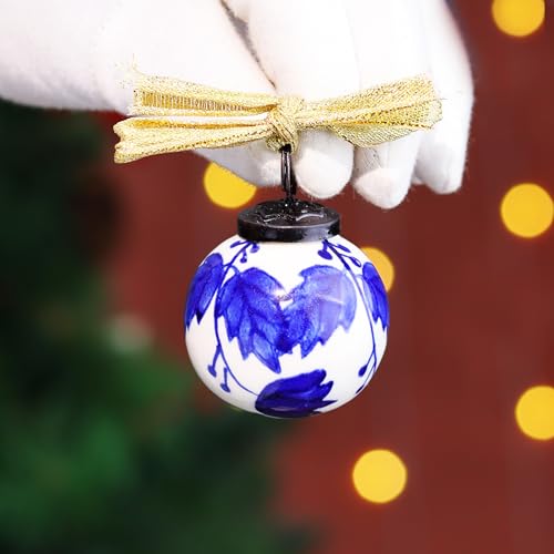 Indian-Shelf IndianShelf 12 Piece Blue and White Porcelain Christmas Balls with Ribbon - Ceramic Tree Ornaments - Large Vintage Decorations for Christmas - Image 3