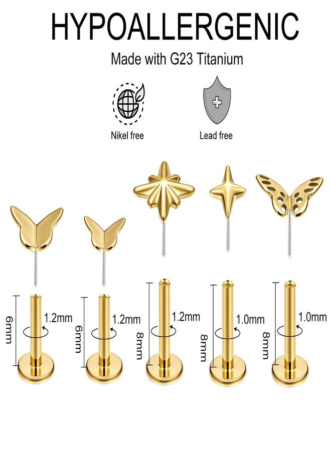 فوجو أقراط VOJO G23 من التيتانيوم بدون خيوط، ذات ظهر مسطح، مناسبة لثقب الأذن (الزنمة، الصدفة، الشفة، الشفة السفلى، الحلزون، الغضروف) - مقاس 16G و 18G (ذهبي) - Image 5