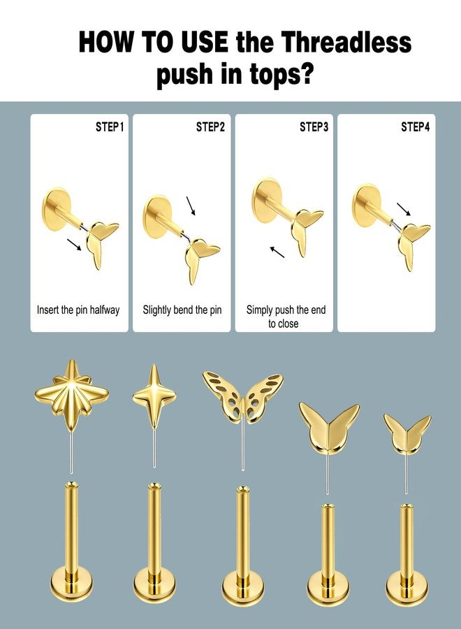 فوجو أقراط VOJO G23 من التيتانيوم بدون خيوط، ذات ظهر مسطح، مناسبة لثقب الأذن (الزنمة، الصدفة، الشفة، الشفة السفلى، الحلزون، الغضروف) - مقاس 16G و 18G (ذهبي) - Image 2