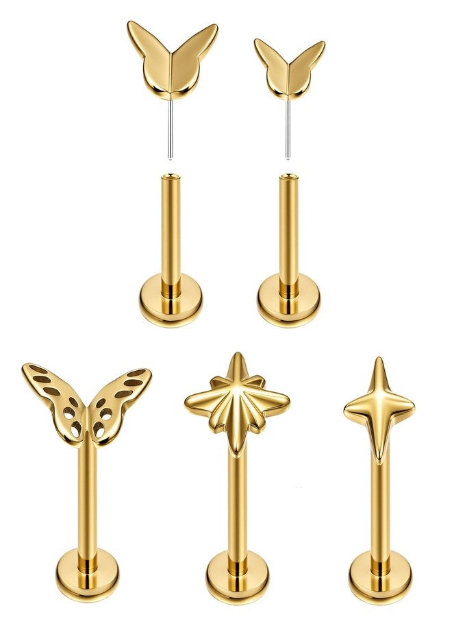 فوجو أقراط VOJO G23 من التيتانيوم بدون خيوط، ذات ظهر مسطح، مناسبة لثقب الأذن (الزنمة، الصدفة، الشفة، الشفة السفلى، الحلزون، الغضروف) - مقاس 16G و 18G (ذهبي) - Image 1