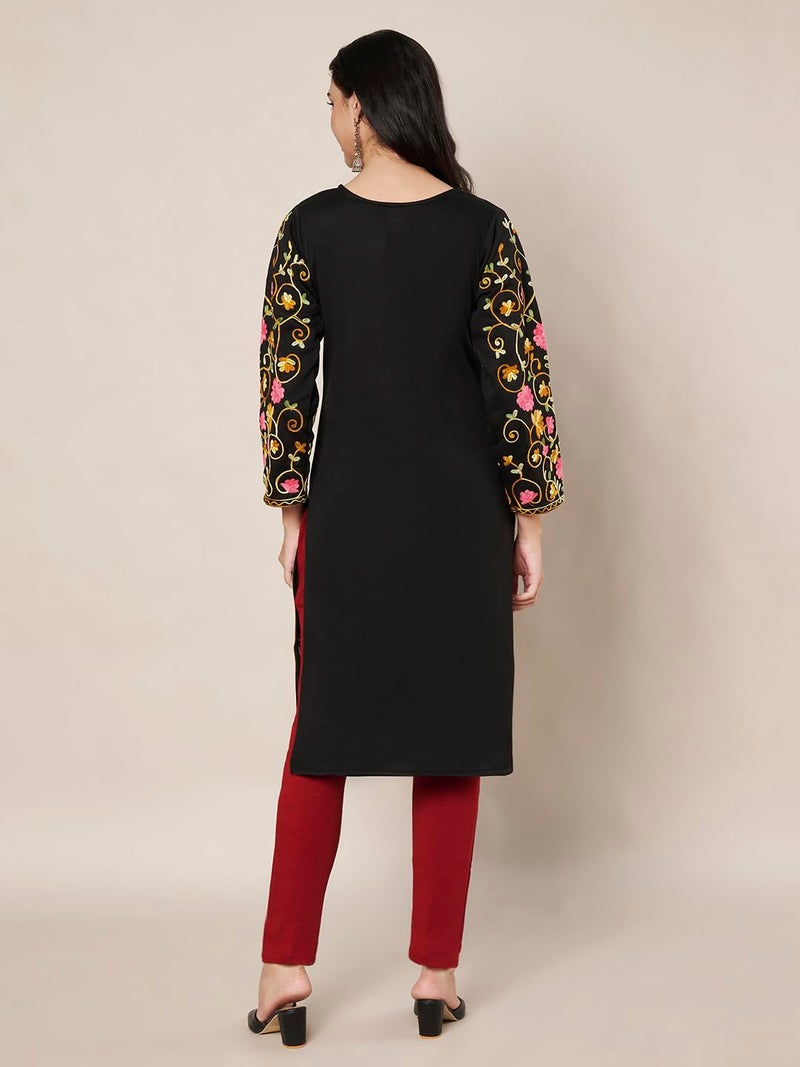 TREND LEVEL Winter Warm Woolen Embroidery Kurta/Kurti for Women's (Multi Flower) (in, Alpha, 2XL, Black) - Image 3