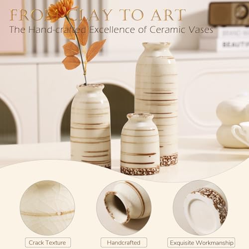 Joeabor Ceramic Vase Set of 3 - Handcrafted Ceramic Vases for Home Decor & Shelf - Modern Farmhouse Decor for Kitchen, Office, Bedroom & Living Room Decorative Objects for Mantel, Table Centerpieces - Image 4