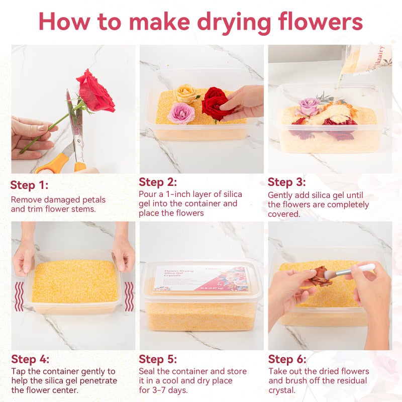 Viktairy Silica Gel Flower Drying Crystals 5LBS, Reusable Color Indicating Flower Drying Silica with Airtight Container and Brush, DIY Wedding Bouquet Flower Preservation Kit, Fine Bead Size<1mm - Image 5
