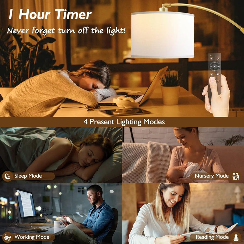 Bdrofn Arc Floor Lamps for Living Room, Modern Remote Control Standing FLamp with Stepless Dimmable, Gold Tall Lamp with White Drum Shade,Over Couch Arched Reading Light for Bedroom, Office(Bulb Included) - Image 5