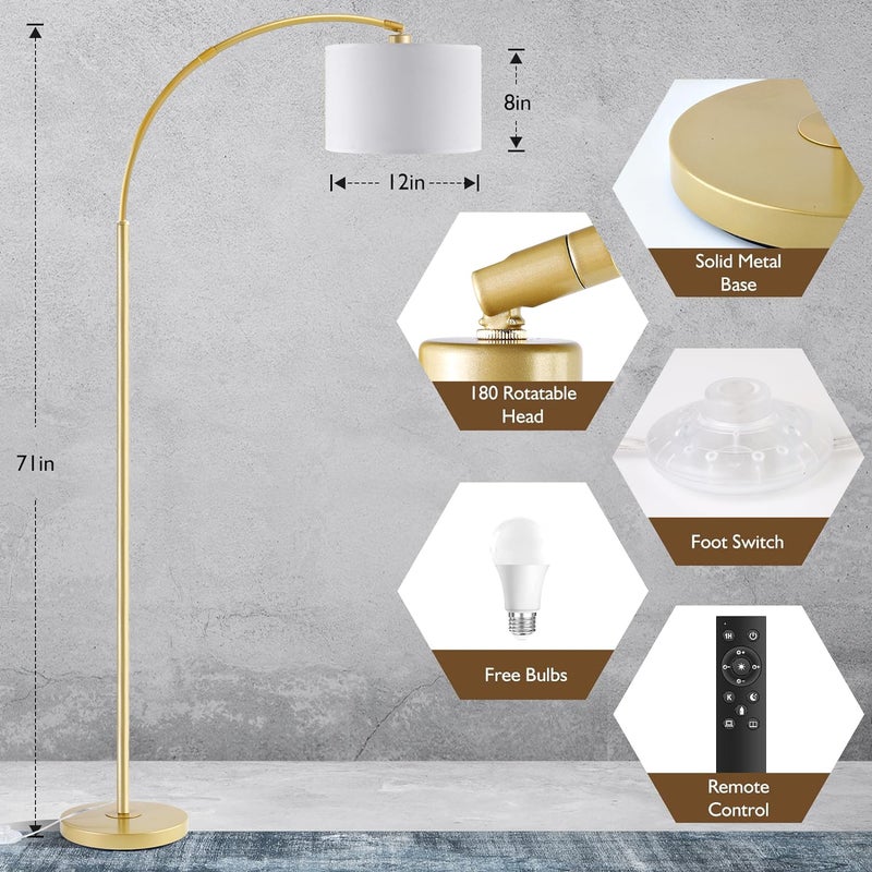 Bdrofn Arc Floor Lamps for Living Room, Modern Remote Control Standing FLamp with Stepless Dimmable, Gold Tall Lamp with White Drum Shade,Over Couch Arched Reading Light for Bedroom, Office(Bulb Included) - Image 3