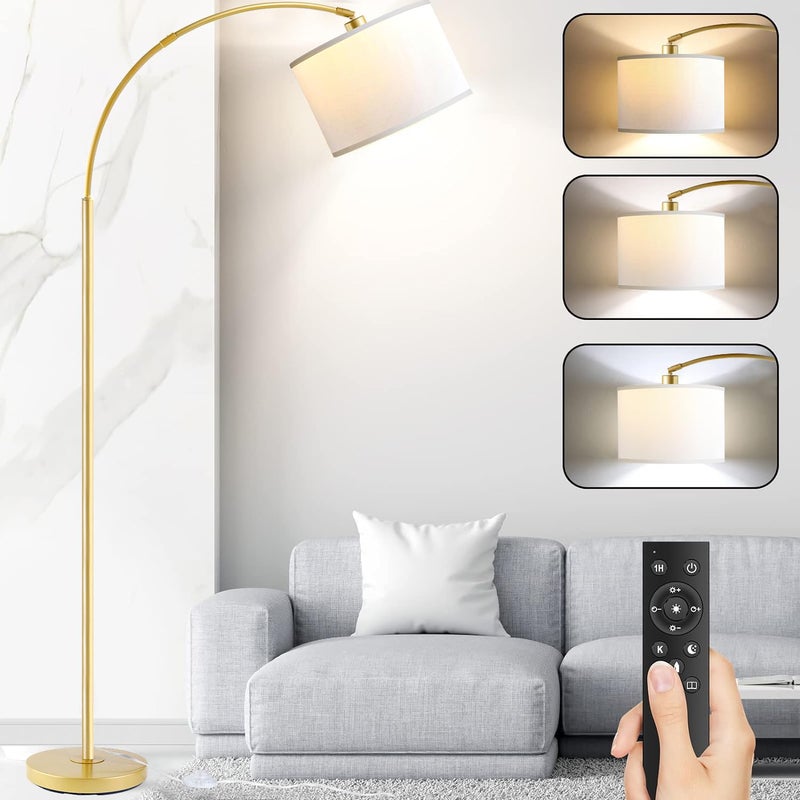 Bdrofn Arc Floor Lamps for Living Room, Modern Remote Control Standing FLamp with Stepless Dimmable, Gold Tall Lamp with White Drum Shade,Over Couch Arched Reading Light for Bedroom, Office(Bulb Included) - Image 1
