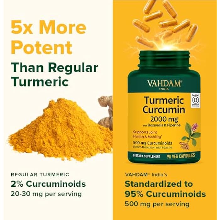VAHDAM Turmeric Curcumin 2000mg (500mg Curcuminoids) with Boswellia & Piperine for Fast Absorption | Supports Joint Health and Mobility | 90 Capsules (Pack of 2) - Image 4