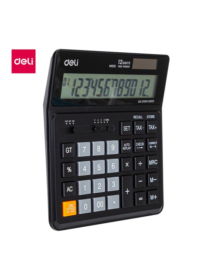 Deli - Deli EM01020 Desktop Calculator | 12 Digits | Solar & LR44 Battery Powered | Tax Function & 120-Step Check | Black | Ideal for Business & Home Use (1PCS/Color Box) - Image 1