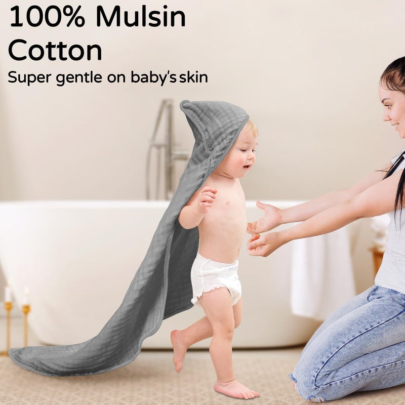 YOOFOSS Hooded Baby Towels for Newborn 2 Pack 100% Muslin Organic Cotton Baby Bath Towel with Hood for Babies, Infant, Toddler and Kids, 32x32Inch, Soft and Absorbent Newborn Essential,White&Pure Grey - Image 2