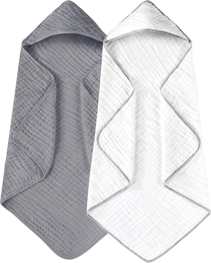 YOOFOSS Hooded Baby Towels for Newborn 2 Pack 100% Muslin Organic Cotton Baby Bath Towel with Hood for Babies, Infant, Toddler and Kids, 32x32Inch, Soft and Absorbent Newborn Essential,White&Pure Grey - Image 1