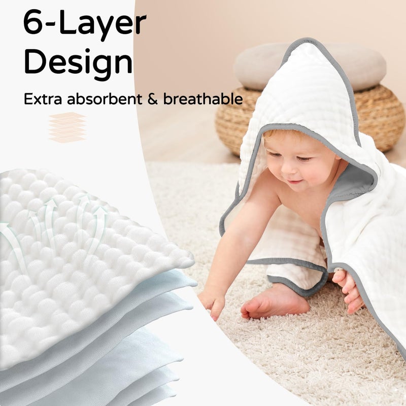YOOFOSS Hooded Baby Towels for Newborn 2 Pack 100% Muslin Organic Cotton Baby Bath Towel with Hood for Babies, Infant, Toddler and Kids, 32x32Inch, Soft and Absorbent Newborn Essential,White&Pure Grey - Image 4