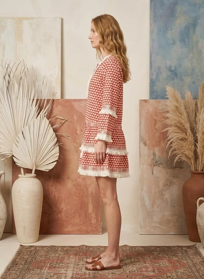 Alaya red and white geometric Women   Cotton Midi Dress -AL3718 for Women | Best Price UAE