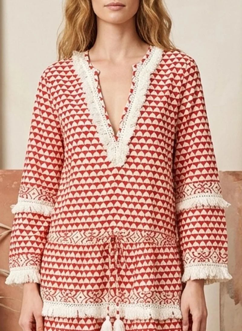 Alaya red and white geometric Women   Cotton Midi Dress -AL3718 for Women | Best Price UAE