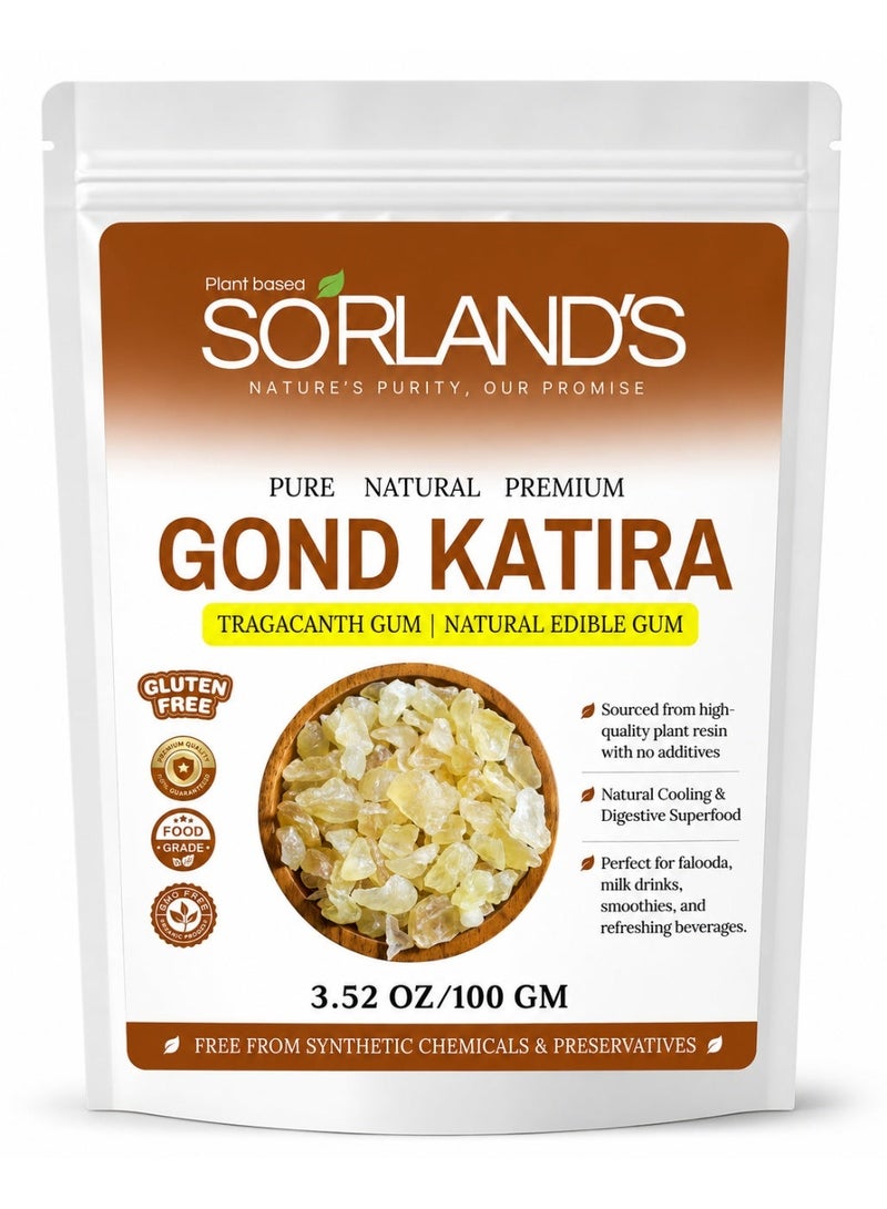 Sorland's Pure Gond Katira Edible Tragacanth Gum – 100% Natural, Ultra Premium Grade | High Cooling & Health Boost | Perfect for Drinks, Desserts & Herbal Recipes – 100g - Image 1
