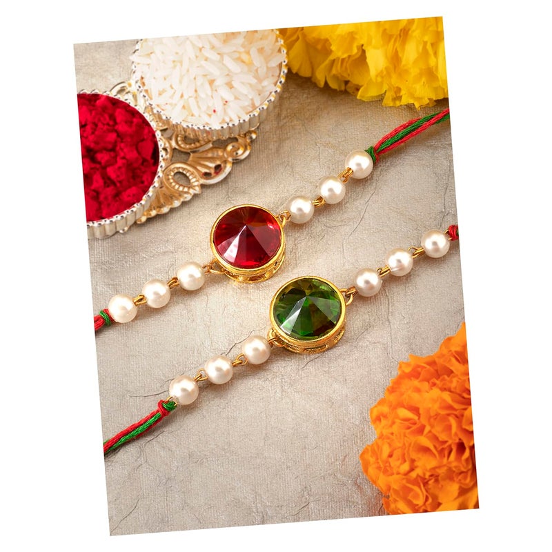 PEORA Rakhshabandhan Thread Rakhi for Brother Bhaiya | Kundan Beads & Crystal Studded | Combo Set of 2 | Rakhi Hamper Roli Chawal & Greeting Card - Image 1