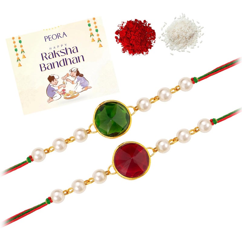 PEORA Rakhshabandhan Thread Rakhi for Brother Bhaiya | Kundan Beads & Crystal Studded | Combo Set of 2 | Rakhi Hamper Roli Chawal & Greeting Card - Image 2
