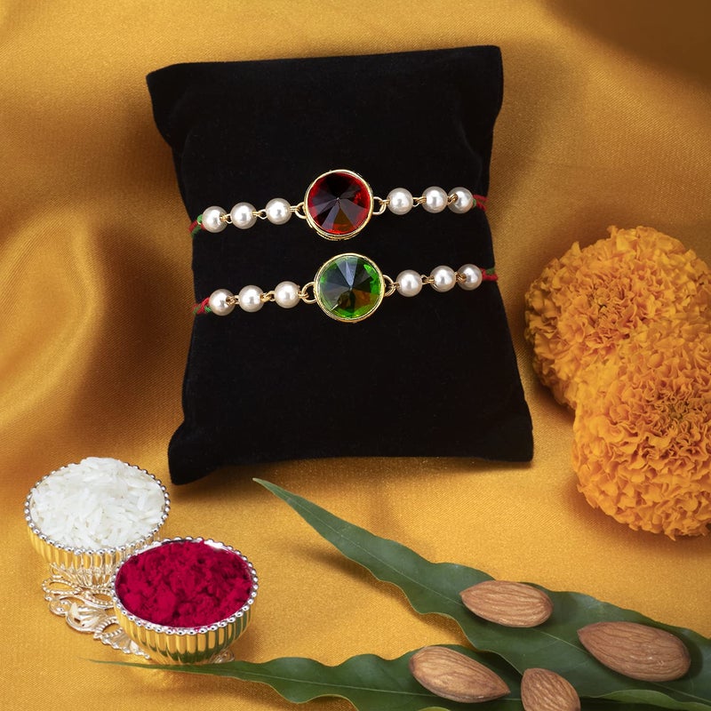 PEORA Rakhshabandhan Thread Rakhi for Brother Bhaiya | Kundan Beads & Crystal Studded | Combo Set of 2 | Rakhi Hamper Roli Chawal & Greeting Card - Image 5