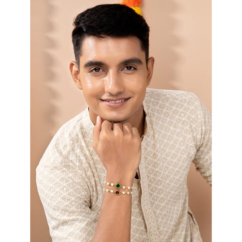 PEORA Rakhshabandhan Thread Rakhi for Brother Bhaiya | Kundan Beads & Crystal Studded | Combo Set of 2 | Rakhi Hamper Roli Chawal & Greeting Card - Image 3