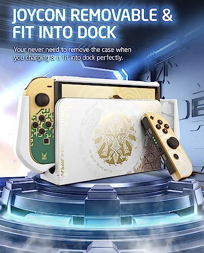 Mumba Dockable Protective Case for Nintendo Switch OLED 7 Inch 2021 Model with Blade Series TPU Grip and Anti-Scratch Material in White/Gold Color - Image 3