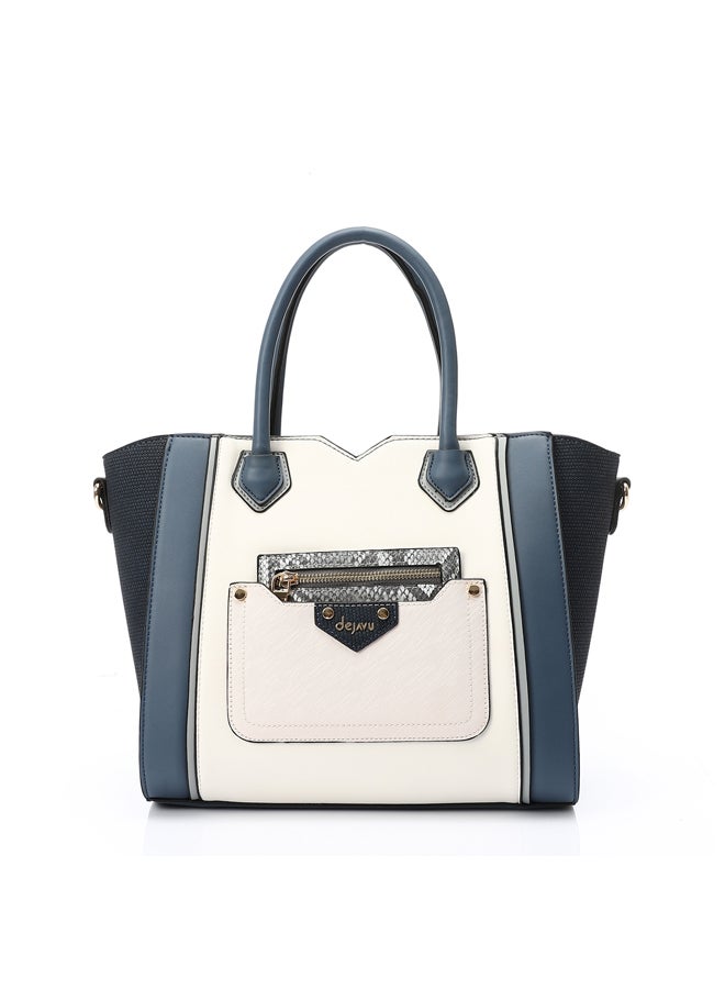 DejaVu Multi Pockets Zipped Top Handle Bag - Navy, Steel Blue & Off White  - Image 5