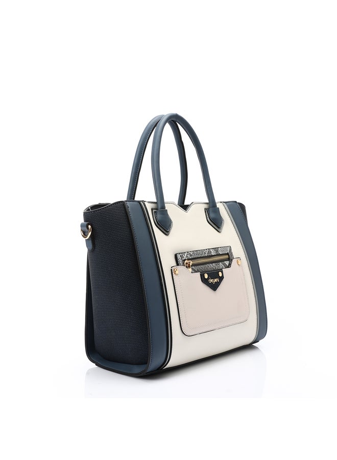 DejaVu Multi Pockets Zipped Top Handle Bag - Navy, Steel Blue & Off White  - Image 1